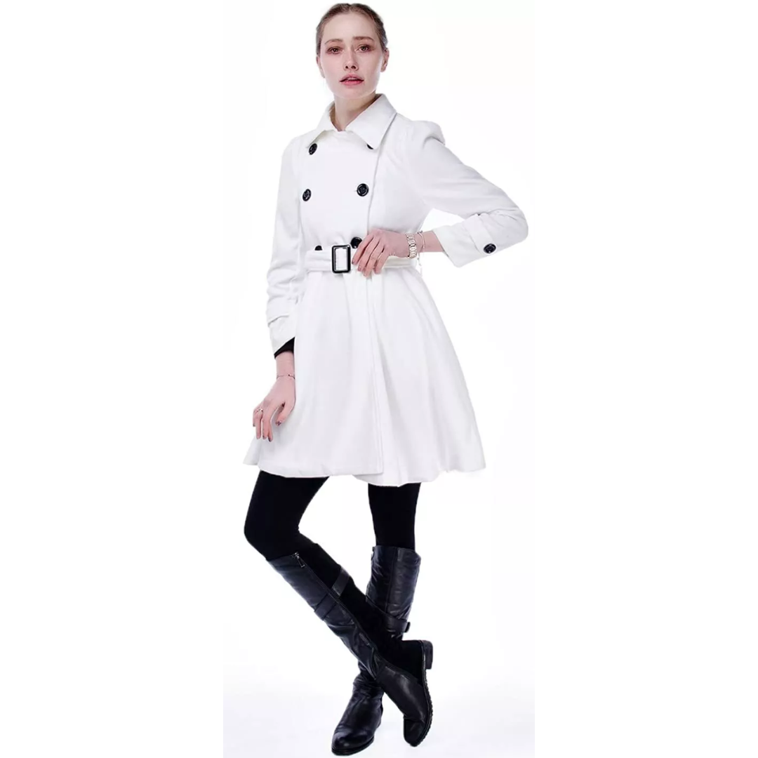 Open women's reversible belted peacoat, mid-length style for spring & winter fashion outerwear.