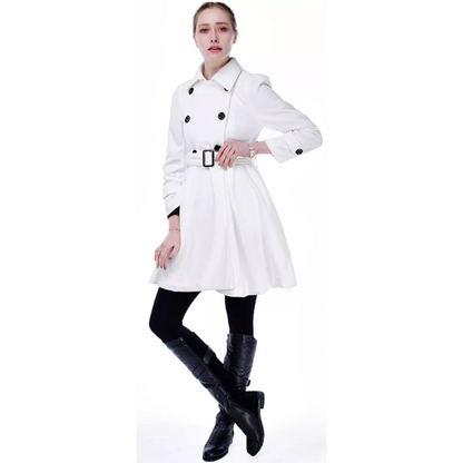 Open women's reversible belted peacoat, mid-length style for spring & winter fashion outerwear.