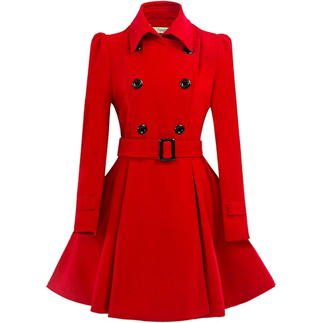 Front view of women's chic reversible belted peacoat, mid-length winter outerwear jacket.