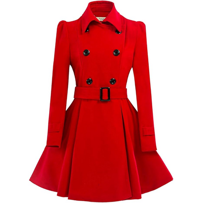 Front view of women's chic reversible belted peacoat, mid-length winter outerwear jacket.