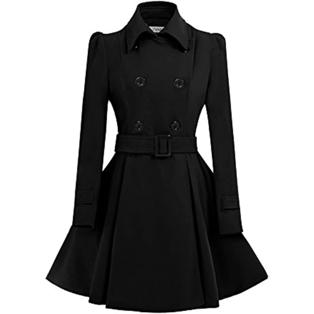 Back view of women's versatile reversible belted peacoat, mid-length winter & spring jacket.
