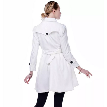 Navy side of women's reversible belted peacoat, elegant mid-length winter coat for versatile style.