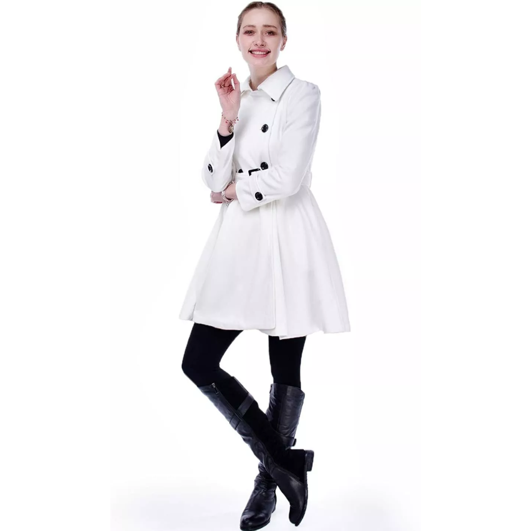 Detail of the stylish belt on women's reversible peacoat, mid-length versatile winter coat.