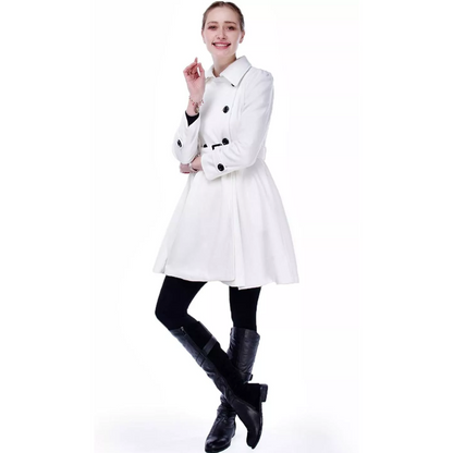 Detail of the stylish belt on women's reversible peacoat, mid-length versatile winter coat.