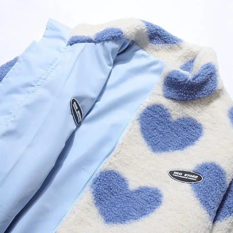 Women's two-in-one reversible jacket, featuring a heart print and a solid color option.