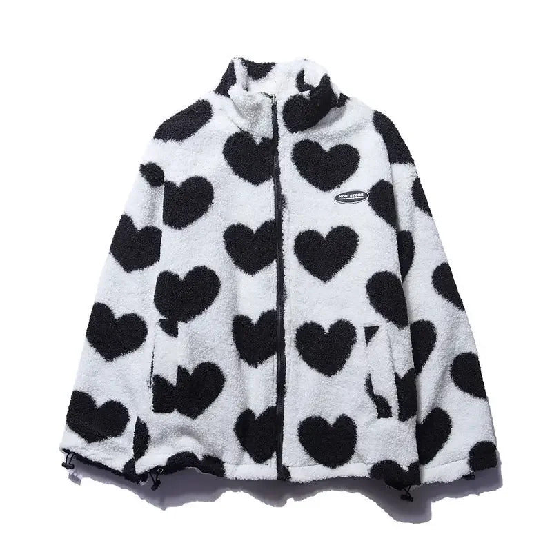 Chic women's reversible jacket with a playful heart print, perfect for spring and fall fashion.