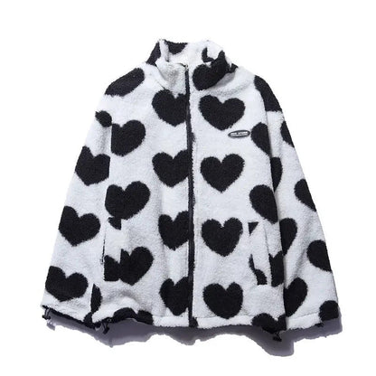 Chic women's reversible jacket with a playful heart print, perfect for spring and fall fashion.
