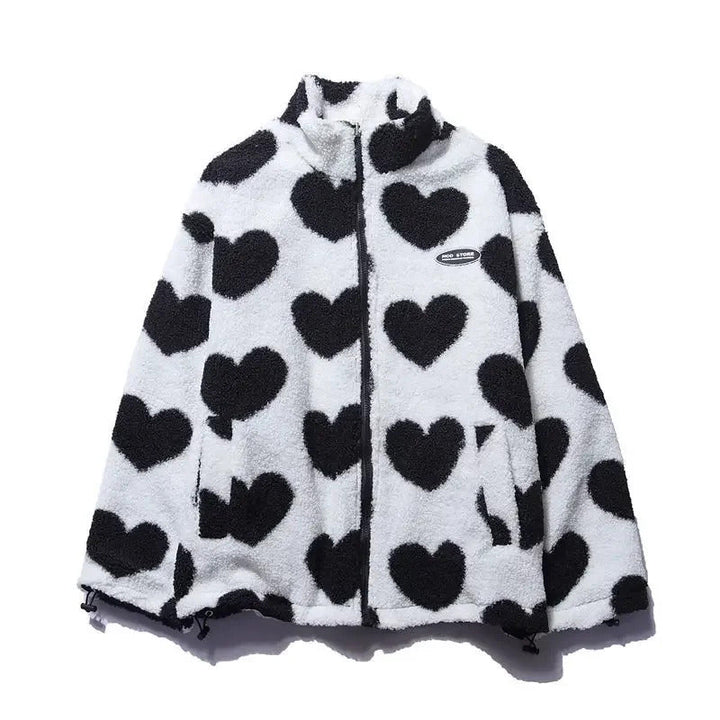 Chic women's reversible jacket with a playful heart print, perfect for spring and fall fashion.