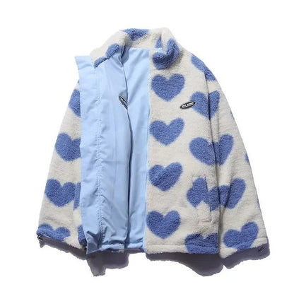 Fashionable women's reversible jacket with a vibrant heart design, suitable for all seasons.