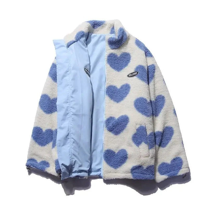 Fashionable women's reversible jacket with a vibrant heart design, suitable for all seasons.