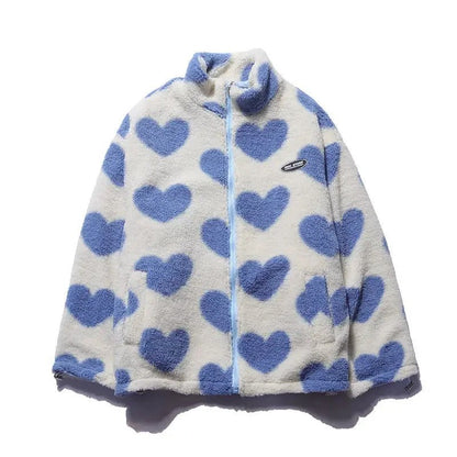 Women's casual reversible jacket, showcasing a fun heart print and two distinct styles.