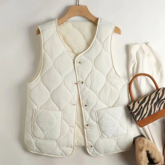 Women's reversible quilted vest, Charm Collection, in versatile khaki/beige for fall layering.