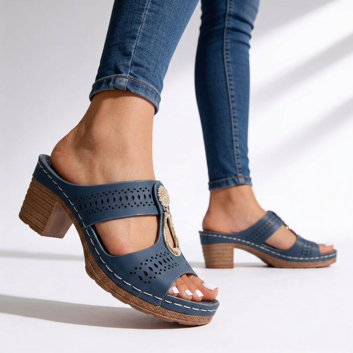 Elegant women's t-strap block heel sandals with rhinestones. Comfortable open-toe design for summer & dress wear.
