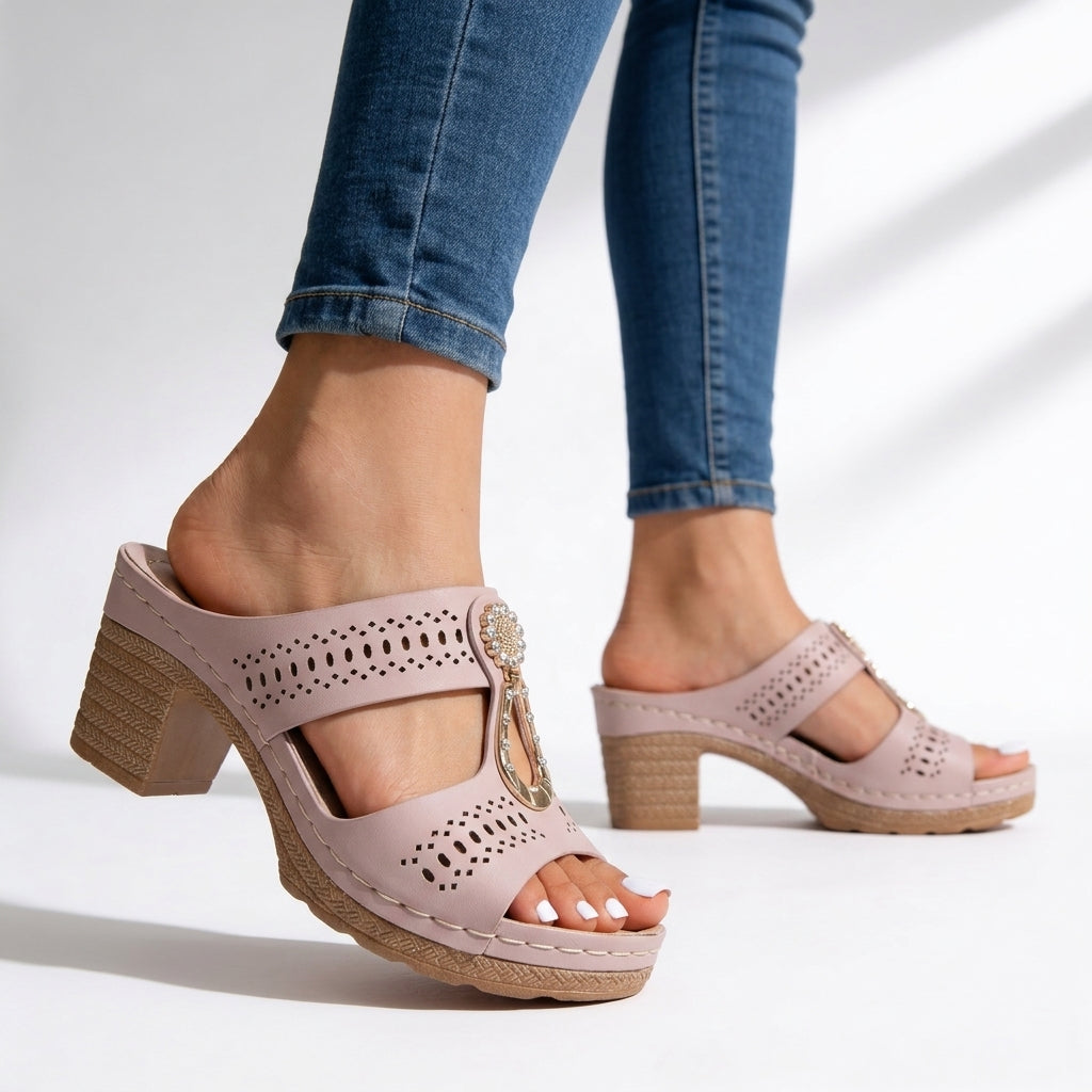 Comfortable women's rhinestone t-strap block heel sandals. Ideal slip-on summer shoes with cushioned support.