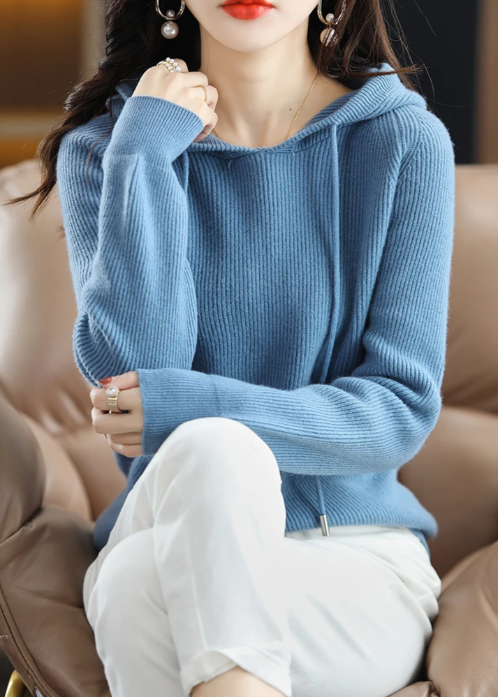 Casual women's ribbed knit pullover hoodie, perfect for relaxed everyday style.