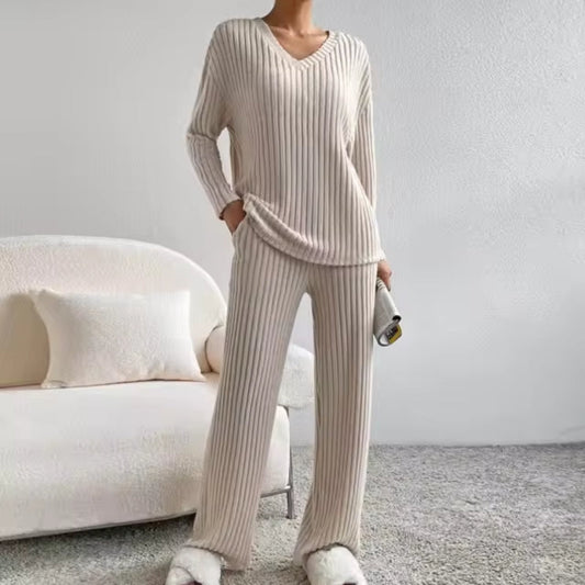 Women's ribbed knit V-neck two-piece lounge set, perfect for comfortable casual wear at home.