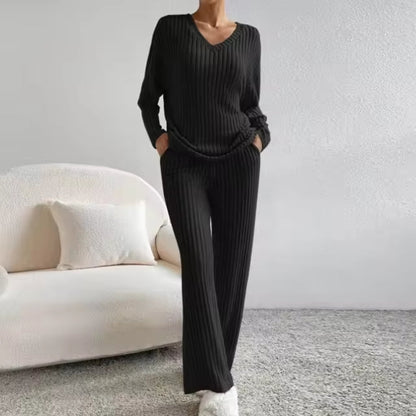 Versatile women's ribbed V-neck lounge set, a comfortable two-piece for everyday casual wear.