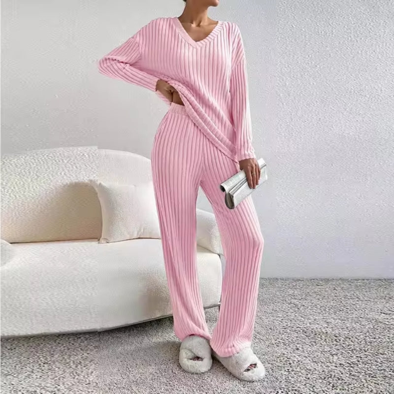 Close-up of a women's ribbed V-neck loungewear set, highlighting the soft knit texture and design.