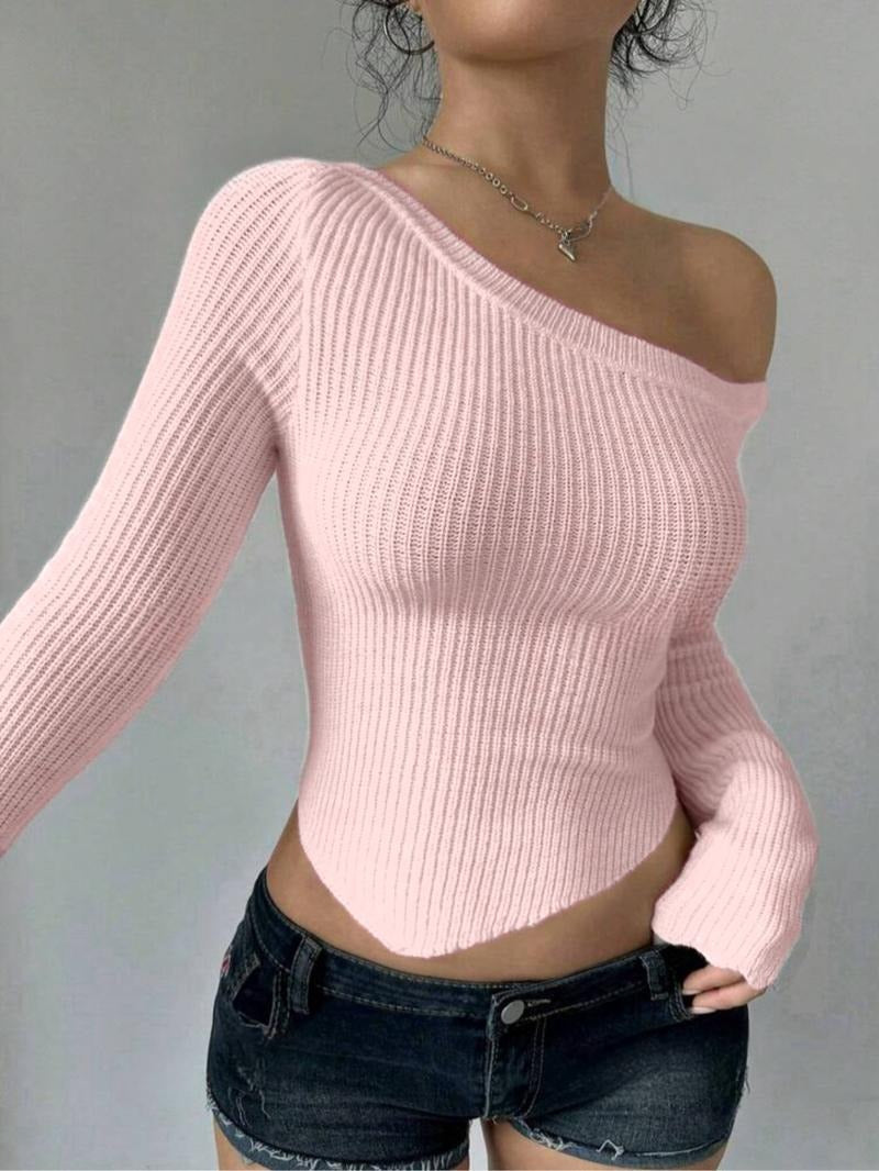 Women's ribbed off-shoulder knit top. Long sleeve, elegant & casual chic for versatile everyday wear.