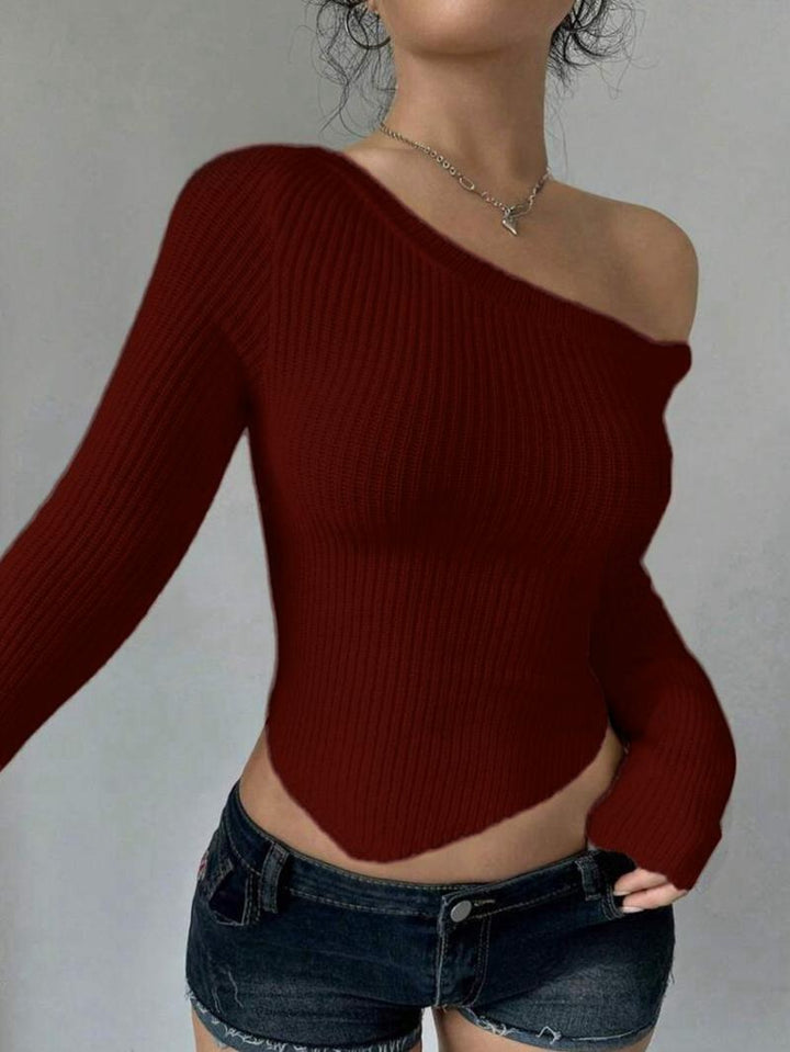 Flattering women's off-shoulder ribbed knit top. Long sleeve, casual chic style for effortless elegance.