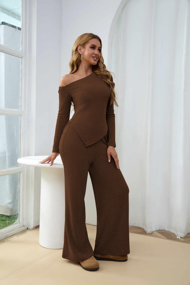Elegant women's ribbed one-shoulder two-piece set, perfect for comfort, casual wear, and modern fashion style.