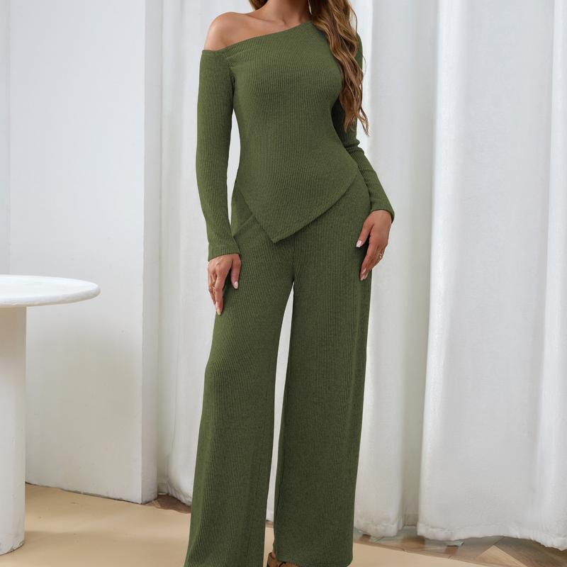 Casual yet fashionable women's ribbed one-shoulder two-piece set. Includes a trendy top & wide-leg pants.