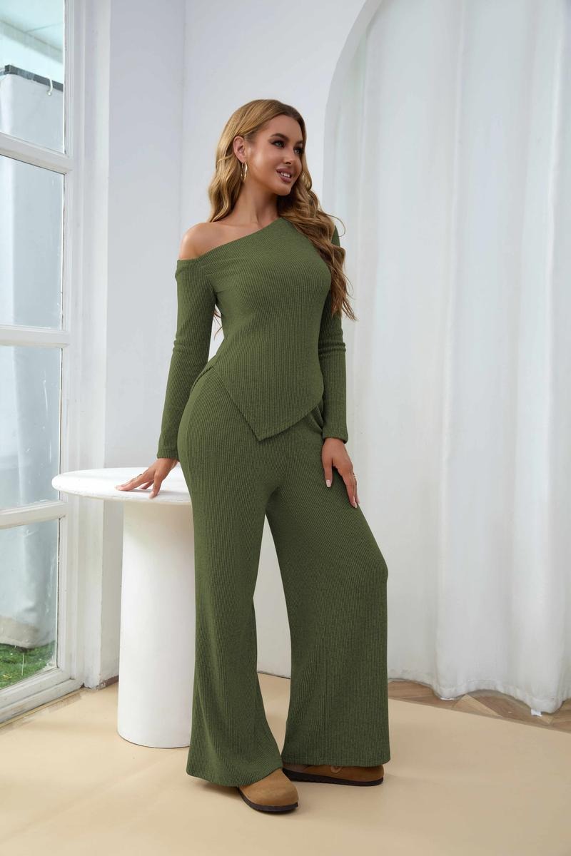 Fashion-forward women's ribbed one-shoulder two-piece set with a comfy top & stylish wide-leg lounge trousers.