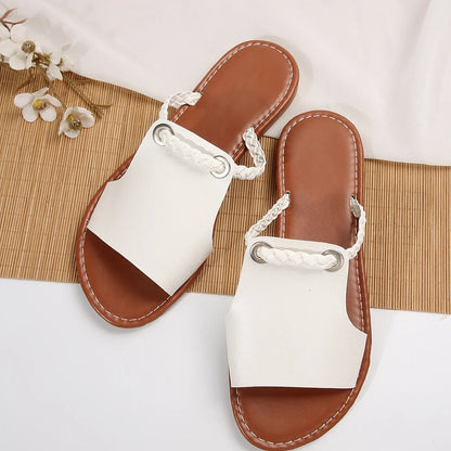 White braided slip-on women's sandals, lightweight and comfortable for summer.