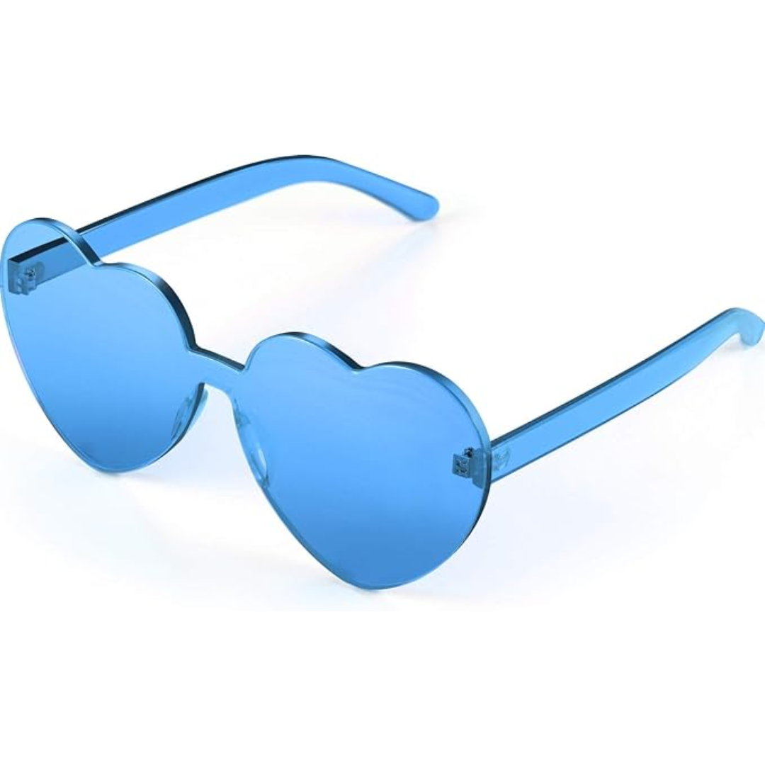 Fashionable women's heart sunglasses with rimless design and clear lenses for parties.