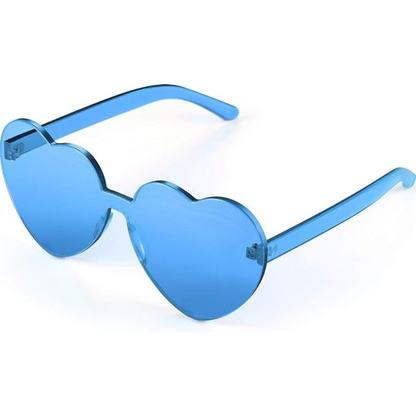 Fashionable women's heart sunglasses with rimless design and clear lenses for parties.