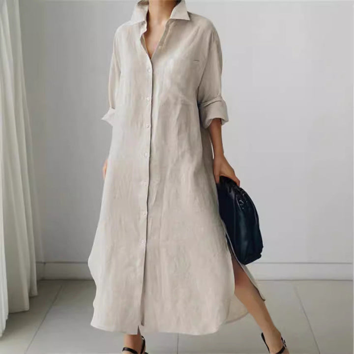 Women's roll sleeve button-down longline midi shirt dress, versatile for casual, office, or everyday wear.