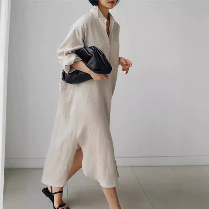 Chic women's button-down midi shirt dress with roll-up sleeves, perfect for elegant spring & summer casual outfits.