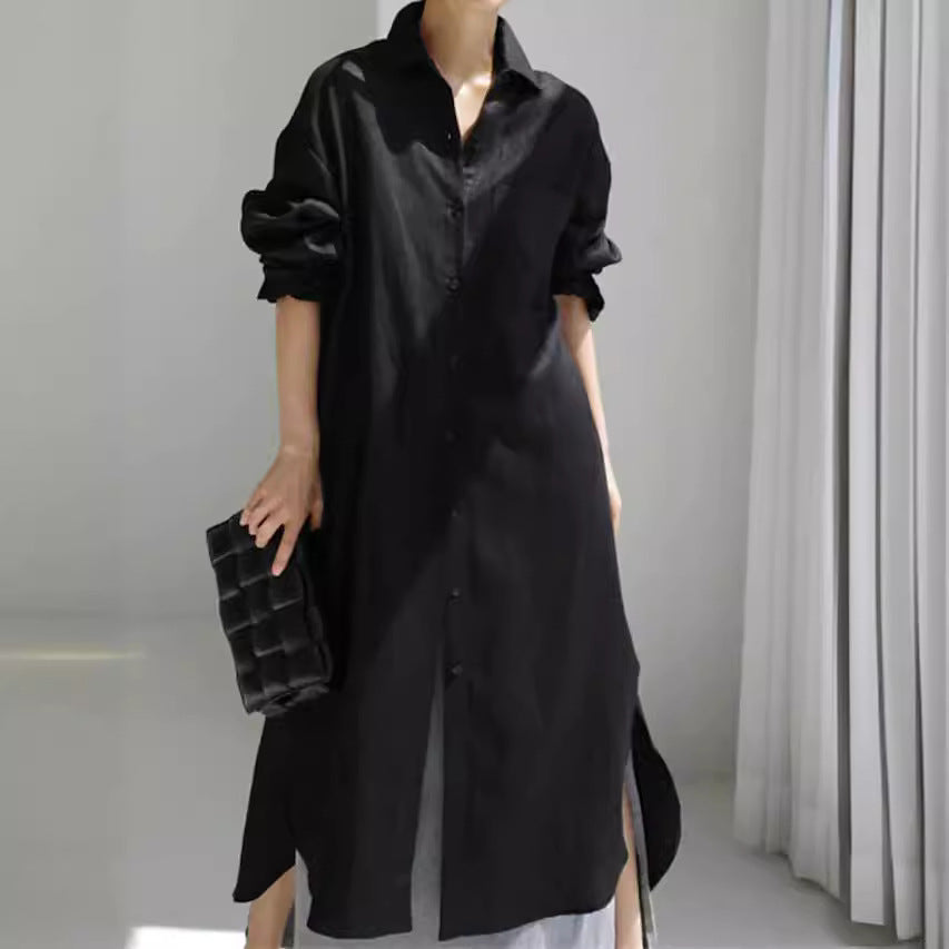Versatile women's longline shirt dress featuring roll tab sleeves & full button front, ideal for work or leisure.