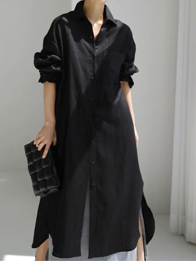 Fashionable women's button-down longline dress with rolled sleeves, a chic and adaptable look for any woman.