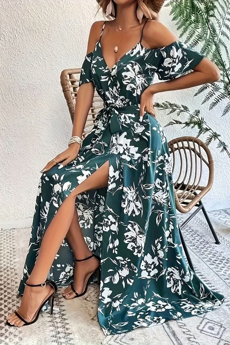 Elegant ladies' cold shoulder maxi dress for wedding guests, formal events, or stylish party wear.