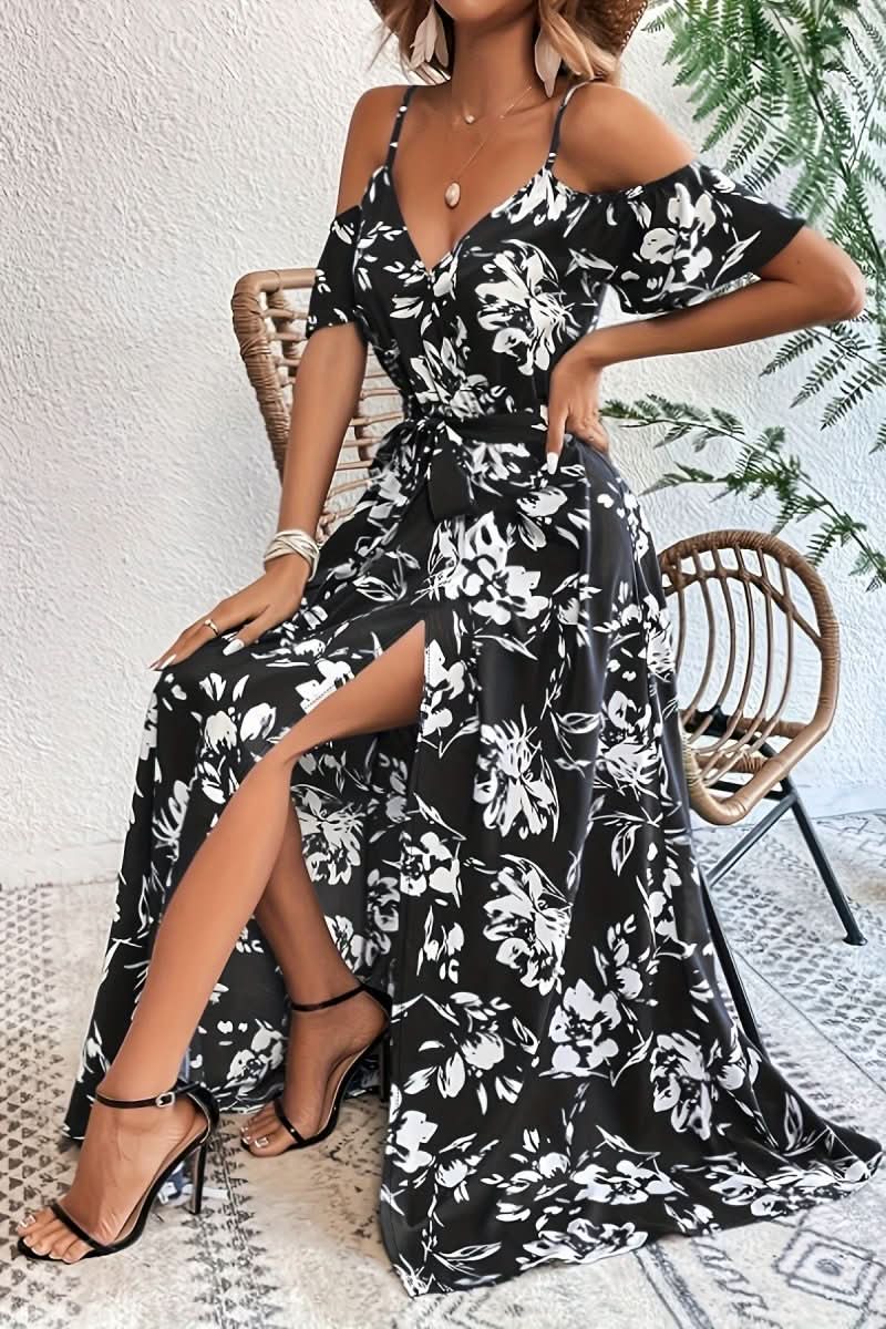 Flowy women's cold shoulder maxi dress, offering a romantic and comfortable elegant style for any occasion.
