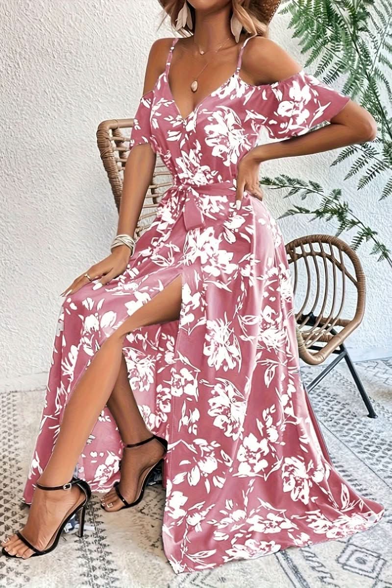 Romantic long cold shoulder maxi dress for women, elegant fashion, perfect for a special evening out.