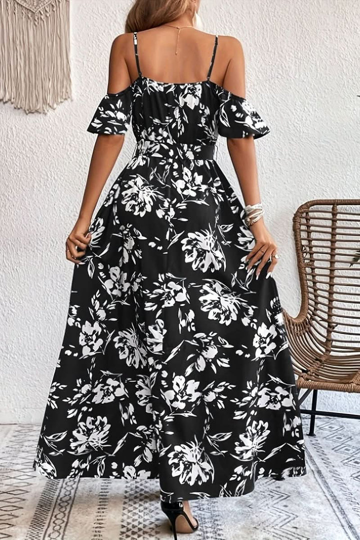 Ladies' flowy cold shoulder long dress, perfect for a stylish wedding guest or an elegant party.