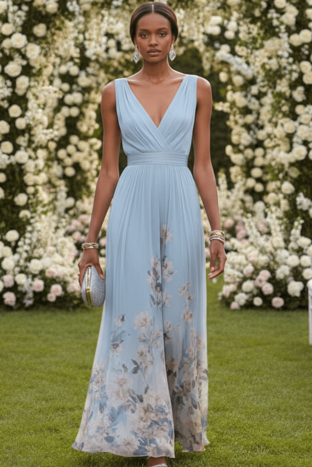 Women's romantic floral maxi dress, elegant & flowy, perfect for summer vacations or parties.