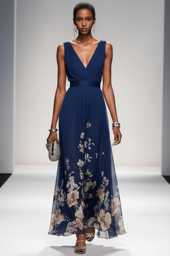 Comfortable women's floral maxi dress, flowy and soft, ideal for a relaxed summer vacation.