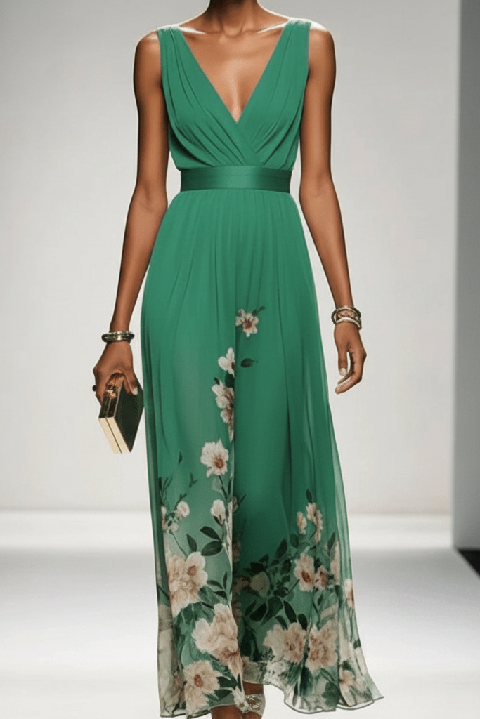 Elegant women's long floral maxi dress, sophisticated occasion wear for summer parties.