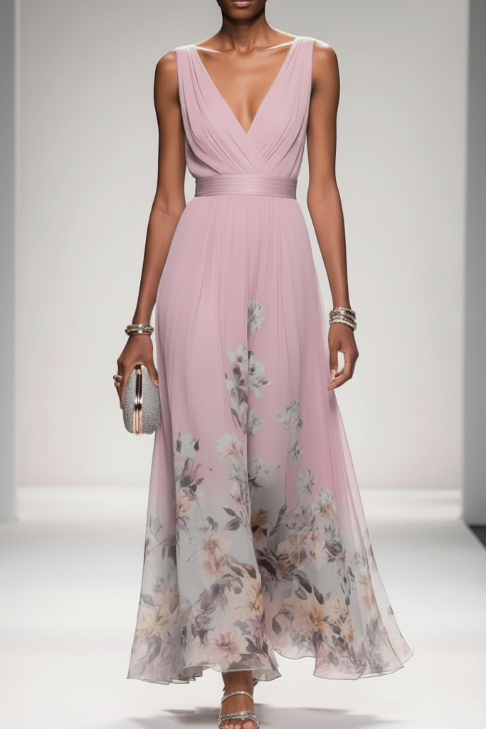 Graceful floral maxi dress draping beautifully, a feminine and comfortable long summer vacation dress.