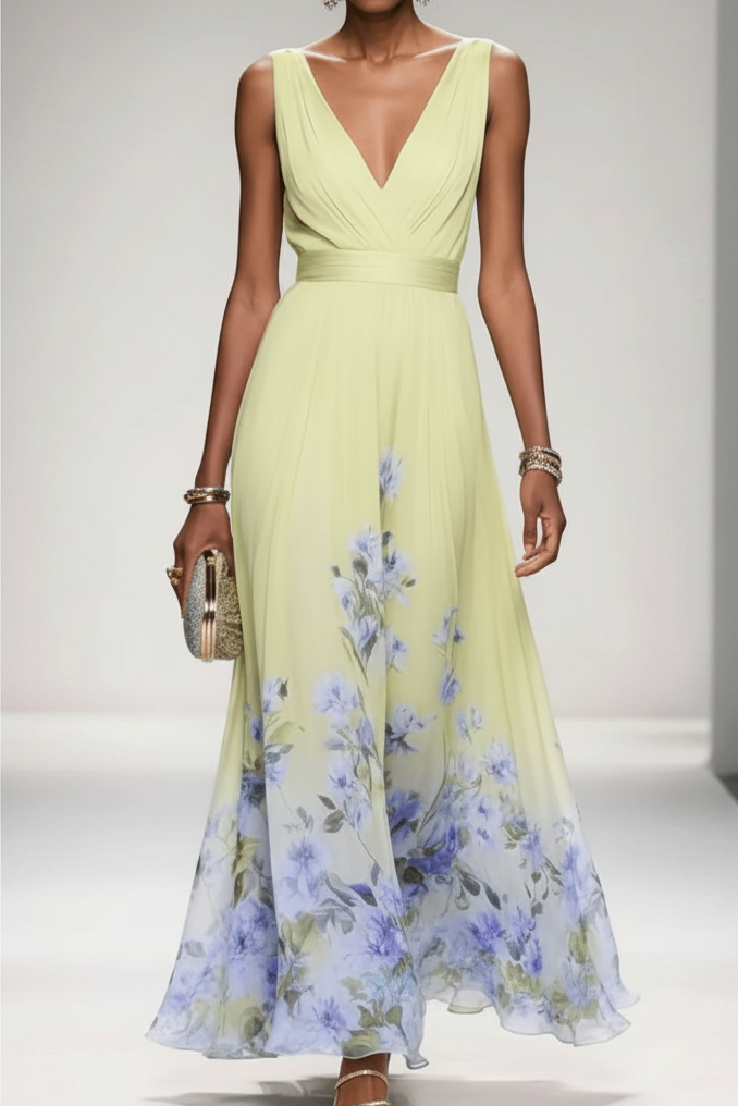 Lush floral pattern on a women's flowy maxi dress, a comfortable and elegant summer party outfit.