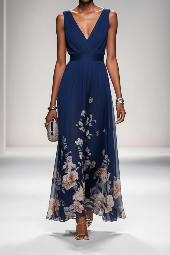 Sun-kissed women's floral maxi dress, a bright and elegant long summer dress for vacations or parties.