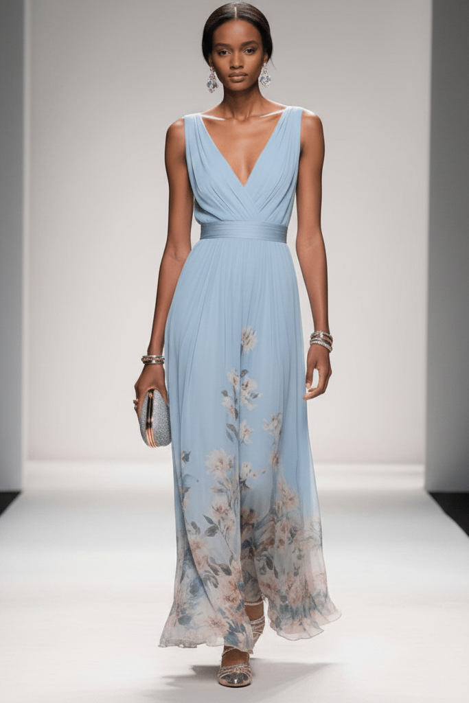 Close-up of delicate floral pattern on a comfortable women's long maxi dress, ideal for summer.