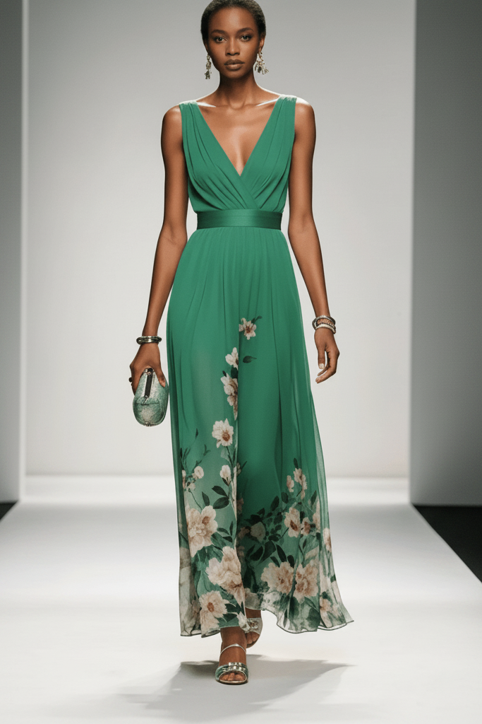 Woman twirling in a flowy floral maxi dress, a comfortable and elegant summer vacation dress.