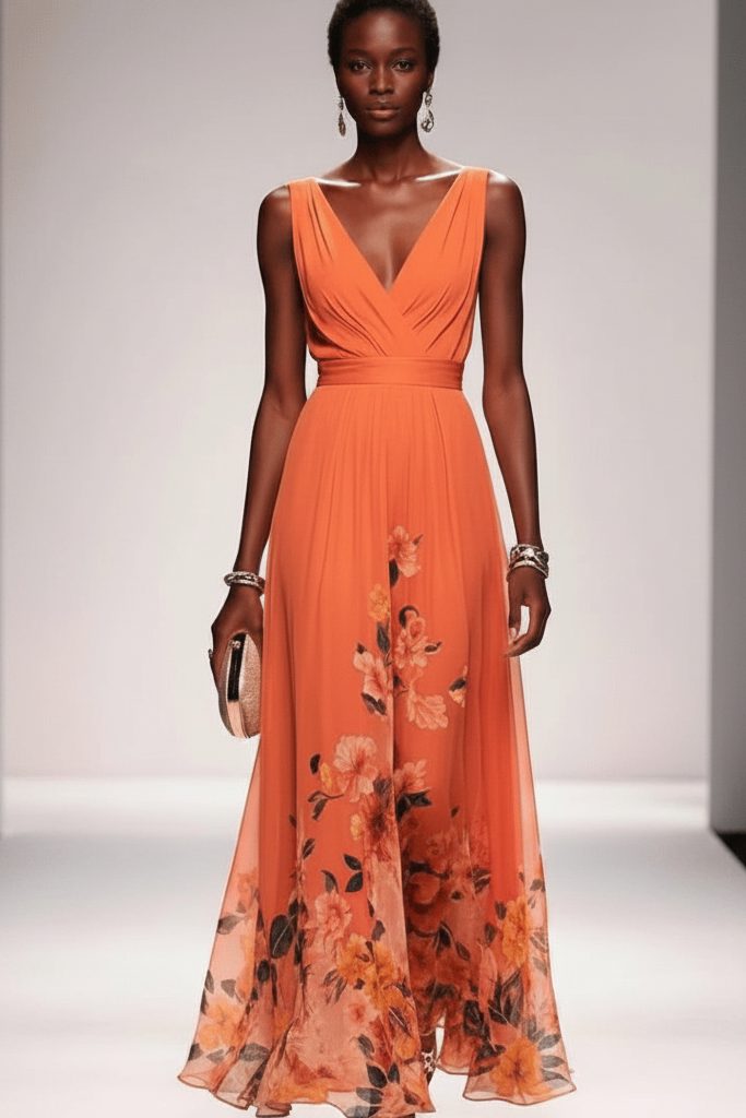 Woman sitting gracefully in a romantic floral maxi dress, a comfortable feminine long summer dress.