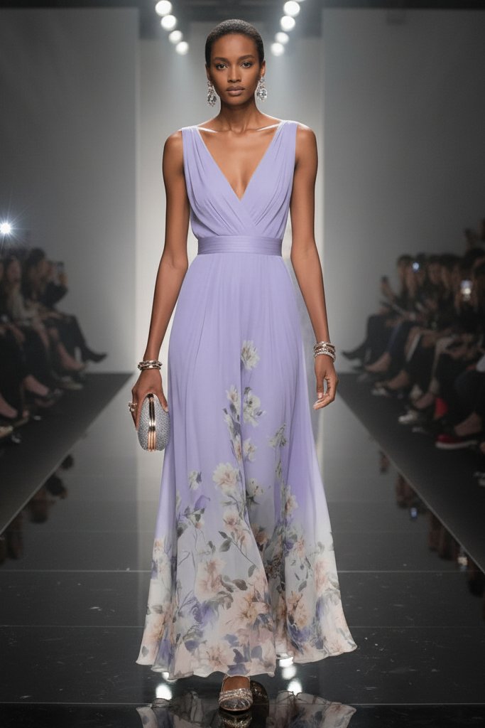 Detail of V-neckline on women's romantic floral maxi dress, elegant and flowy for summer events.