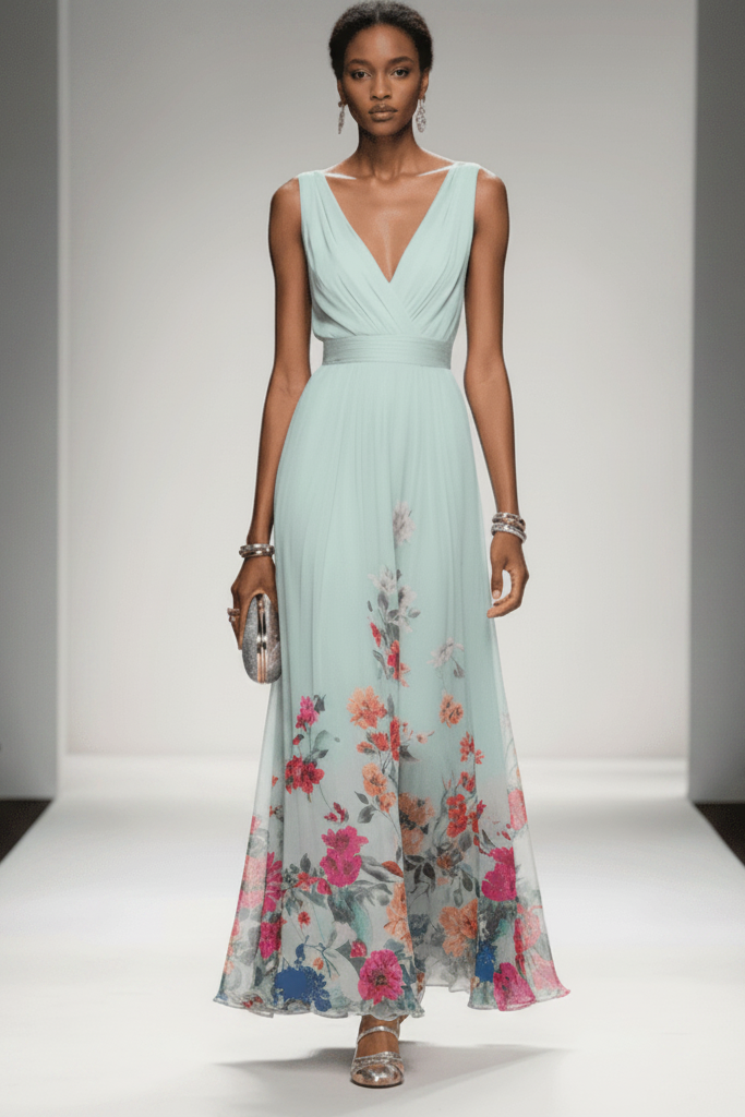 Woman enjoying outdoors in a beautiful floral maxi dress, a flowy and elegant summer vacation dress.