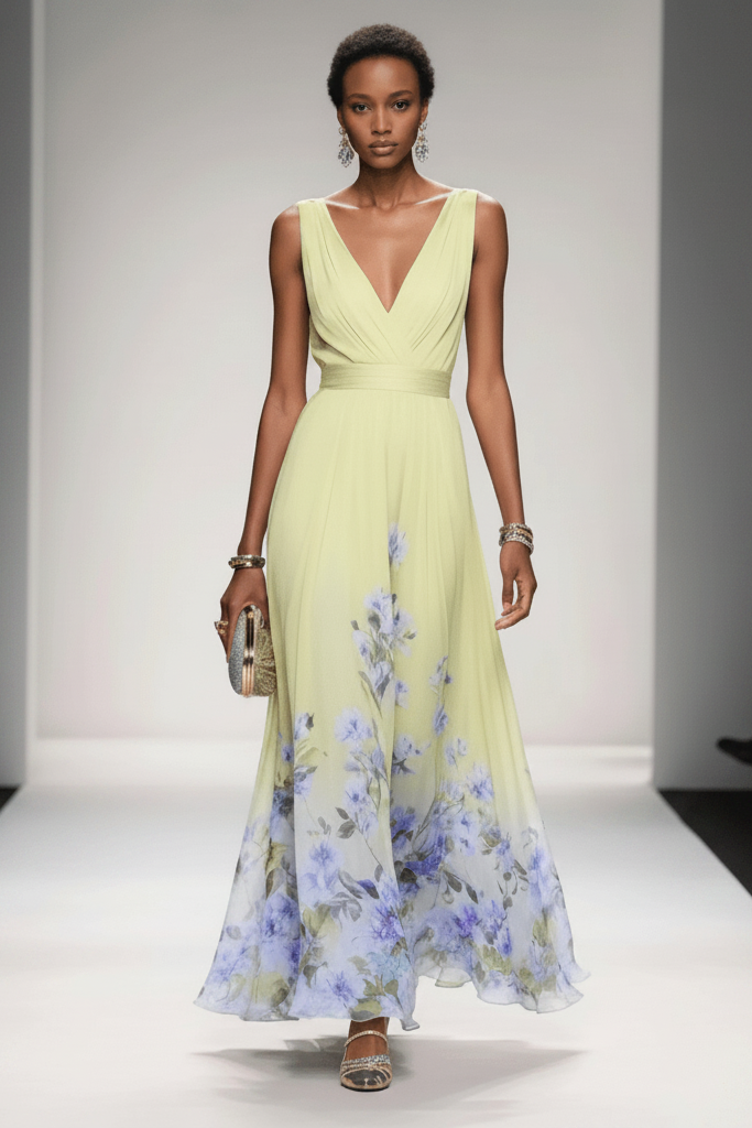 Elegant floral maxi dress for women, perfect occasion wear for parties or formal summer events.